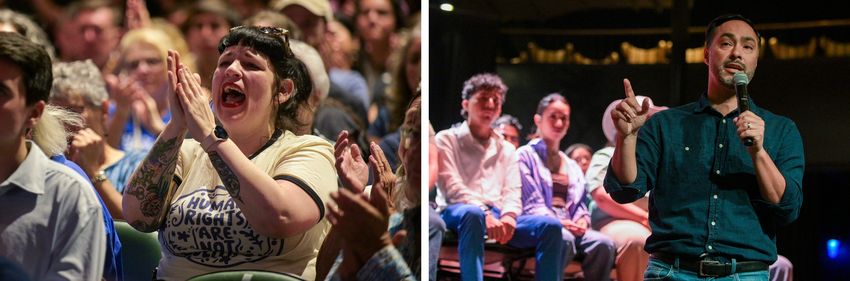 Left: An attendee cheers during the town hall. Right: Castro, whose name has been floated for potential statewide contest, speaks in San Antonio.